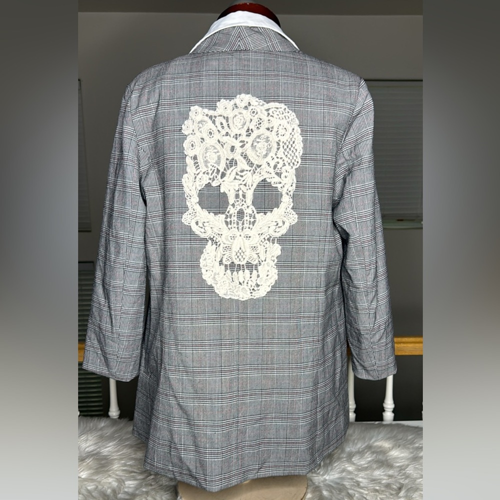 Mossimo Supply Co. Gray Plaid Blazer Lace Skull Embellishment Fun Unique Medium